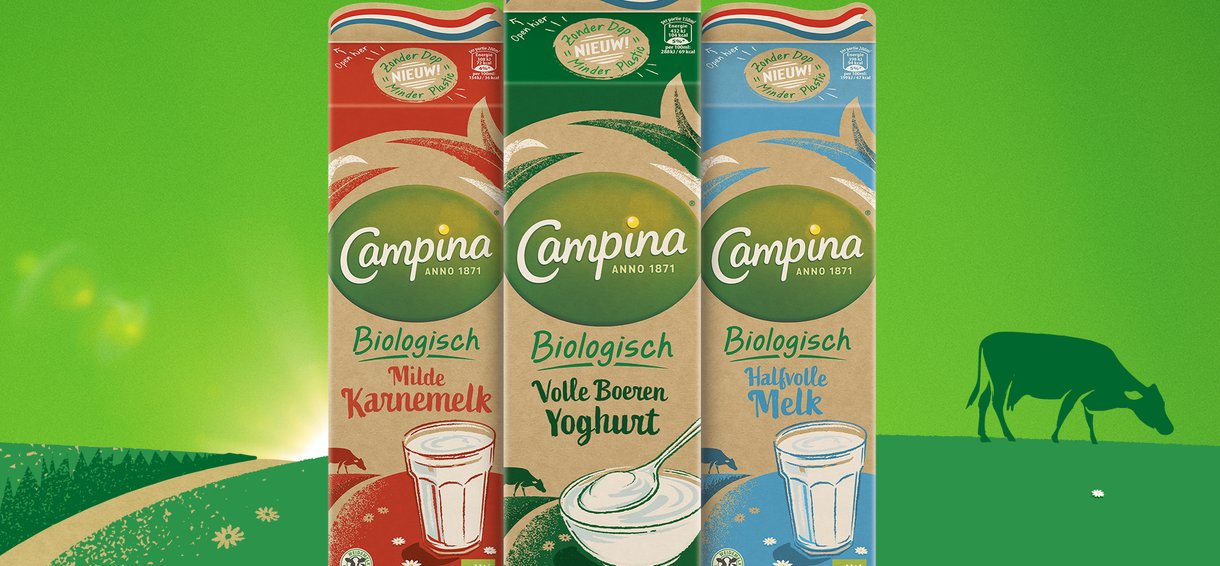 Drie pakken van Campina Biologisch, melk en yoghurt