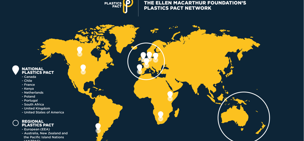 Wereldkaart met de deelnemende landen met een nationaal Plastic Pact 