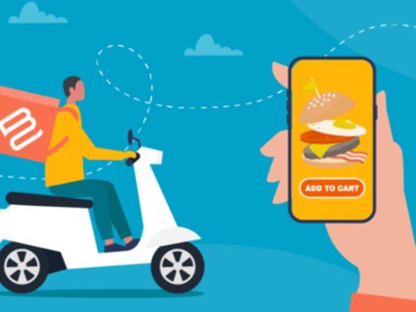 Illustratie van een bezorgscooter en een mobiele telefoon waarop eten wordt besteld